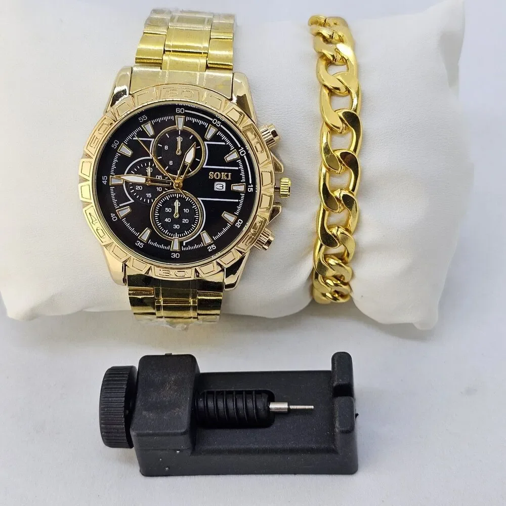 Men's Watch Bracelet Set 43MM Black Dial Date Gold‎ Bracelet Band 8